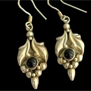 Vintage Sterling Silver  Black Onyx Dangle Earrings